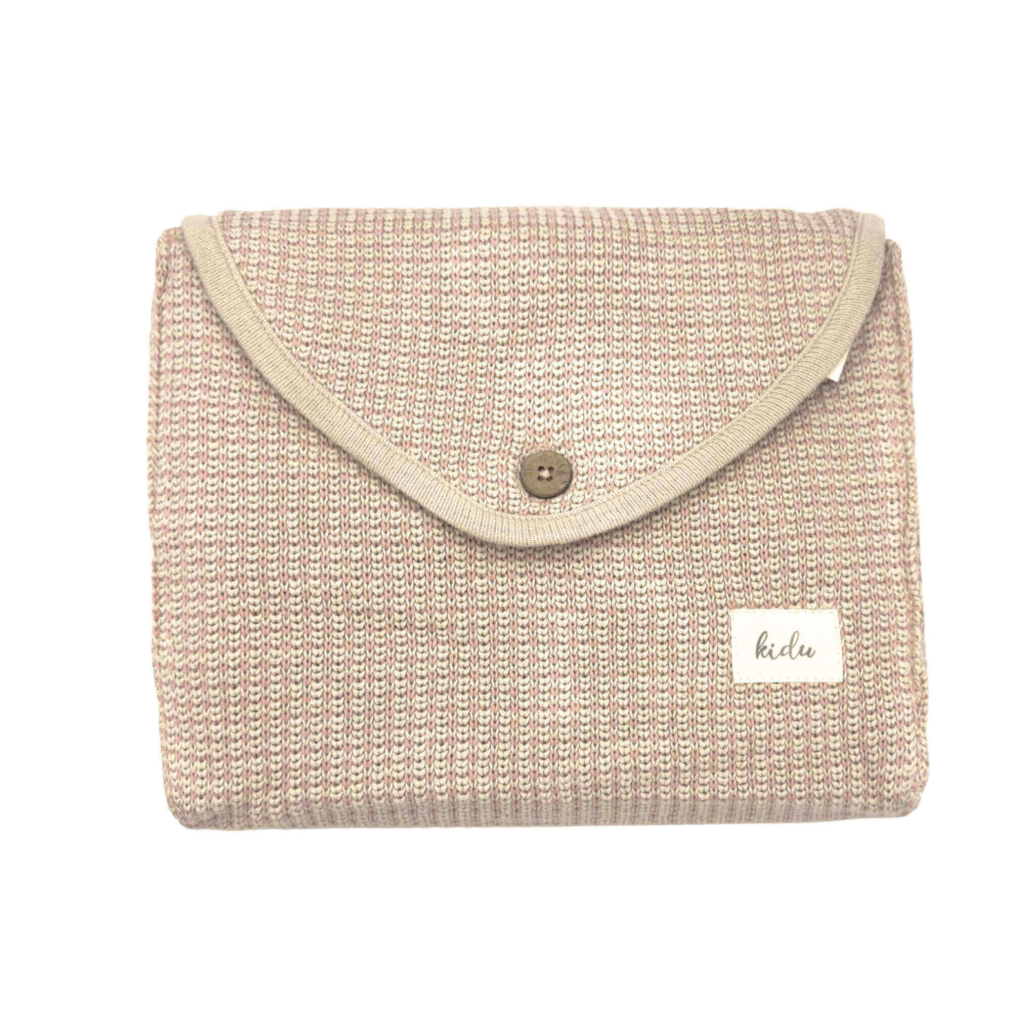 Knitted cotton pouch with a button and 'kidu' label on a white background