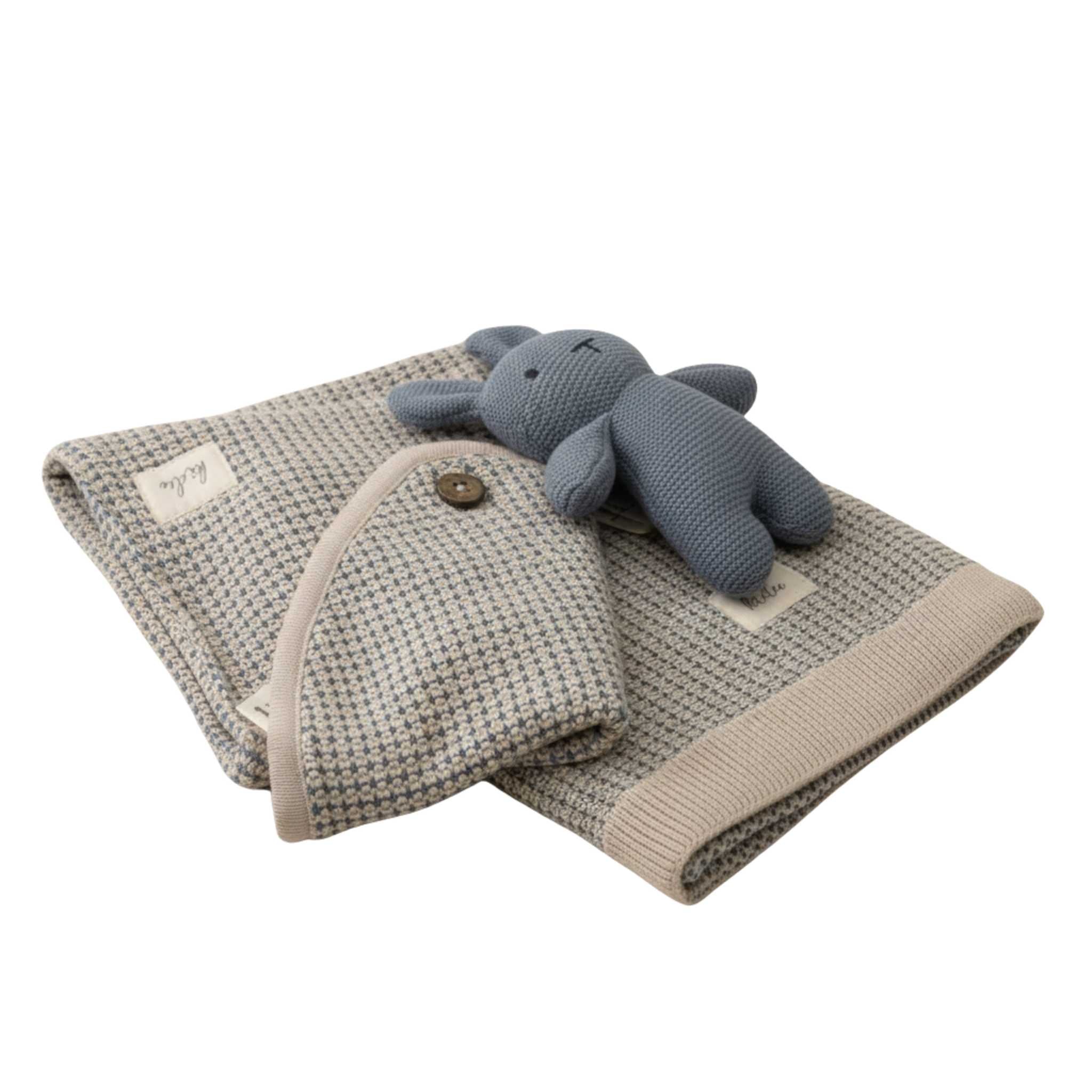 Baby bunny, blanket and matching pouch set on a white background gift package set
