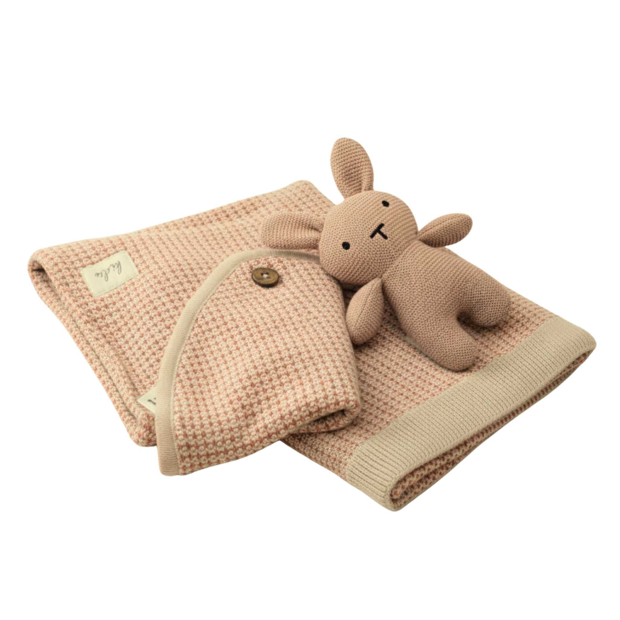Knitted blanket with a plush bunny toy and a matching pouch on a white background. gift set