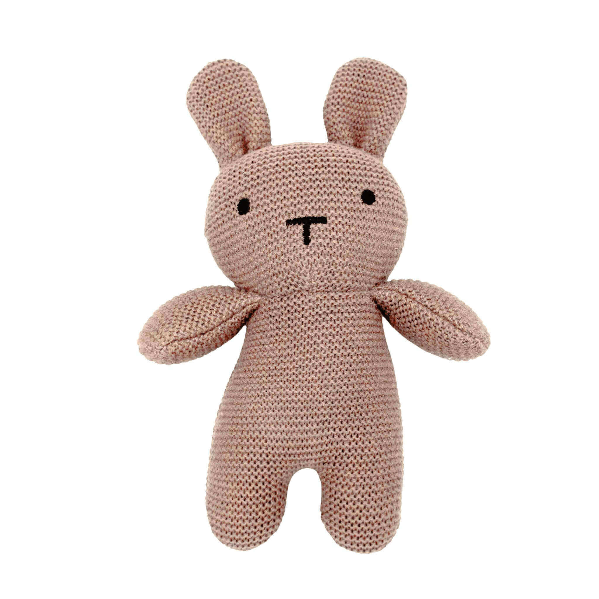 organic cotton Knitted pink bunny toy on a white background