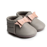 Baby Girl Moccasins, Rose Gold and Grey Leather Baby Shoes, 0-3 Months, Infant Moccs