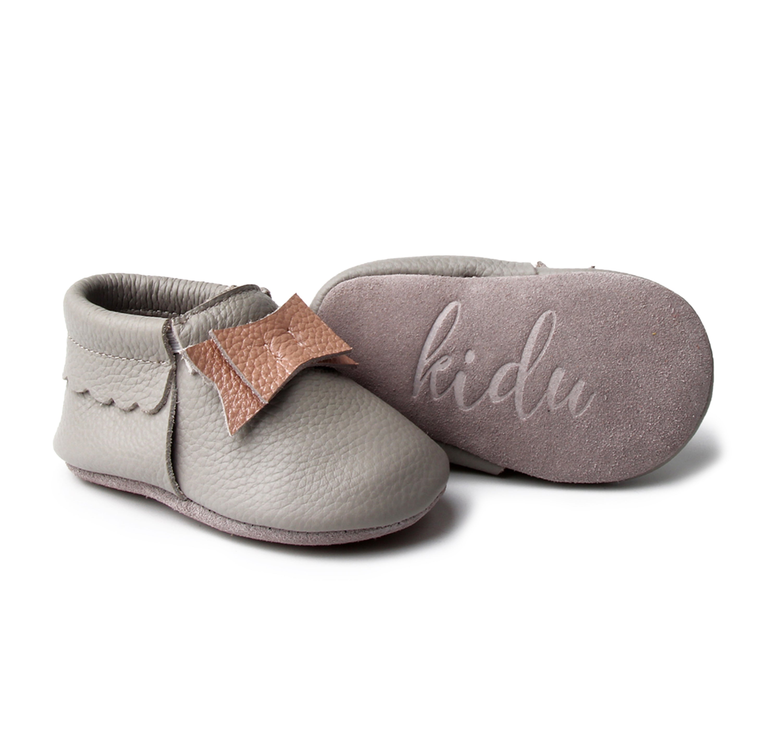 Baby Girl Moccasins, Rose Gold and Grey Leather Baby Shoes, 0-3 Months, Infant Moccs