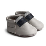 Baby Boy Moccasins, Blue and Grey Leather Baby Shoes, 0-3 Months, Infant Moccs