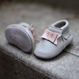 Baby Girl Moccasins, Rose Gold and Grey Leather Baby Shoes, 0-3 Months, Infant Moccs