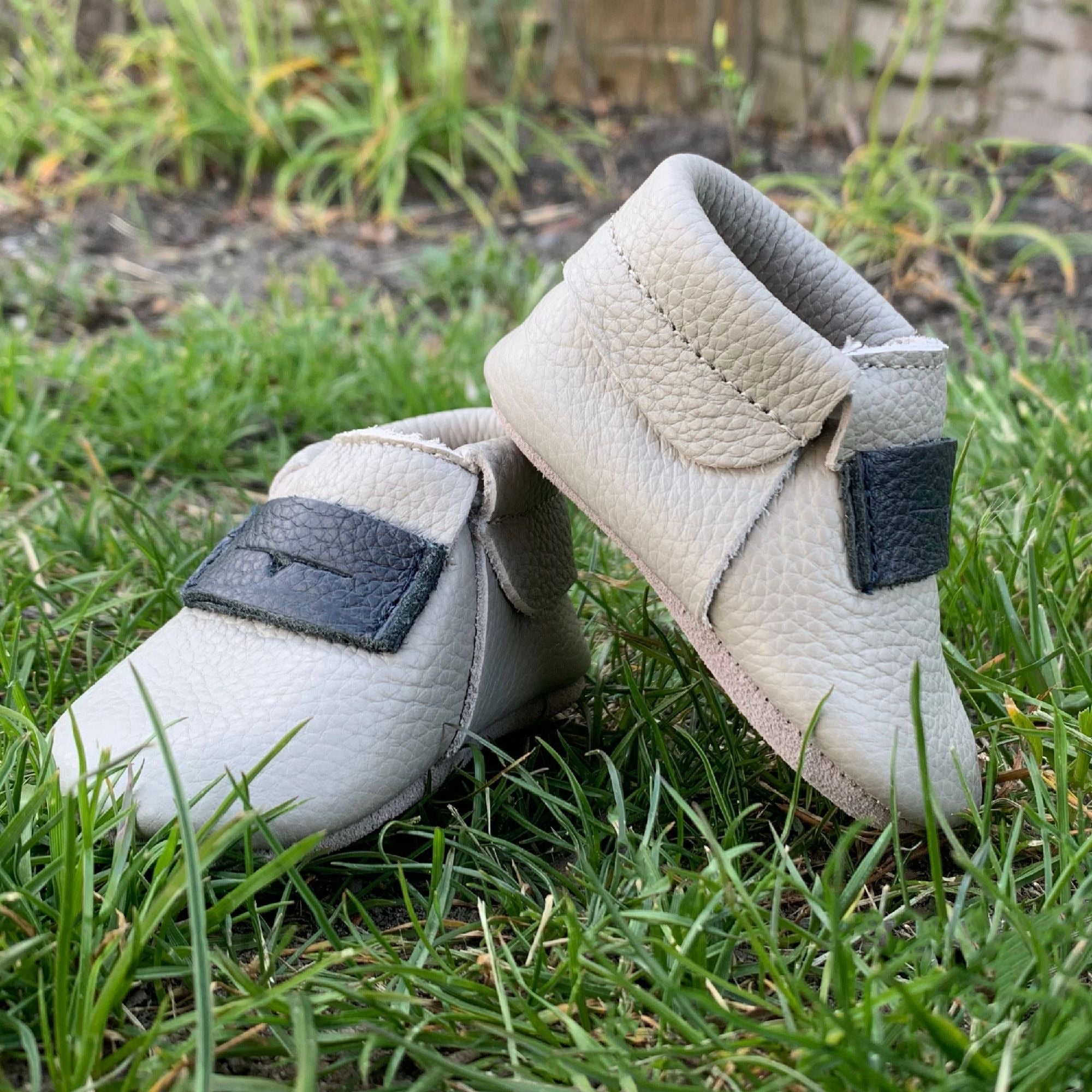 Baby Boy Moccasins, Blue and Grey Leather Baby Shoes, 0-3 Months, Infant Moccs