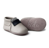 Baby Boy Moccasins, Blue and Grey Leather Baby Shoes, 0-3 Months, Infant Moccs