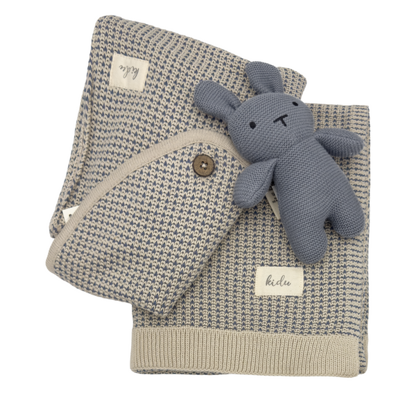 100% Organic Cotton Knitted Blue Baby Blanket and Bunny Set