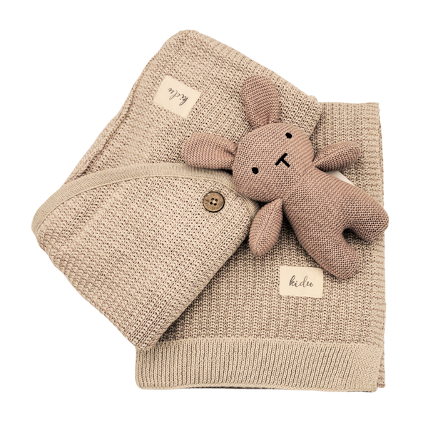 100% Organic Cotton Knitted Pink Baby Blanket and Bunny Set