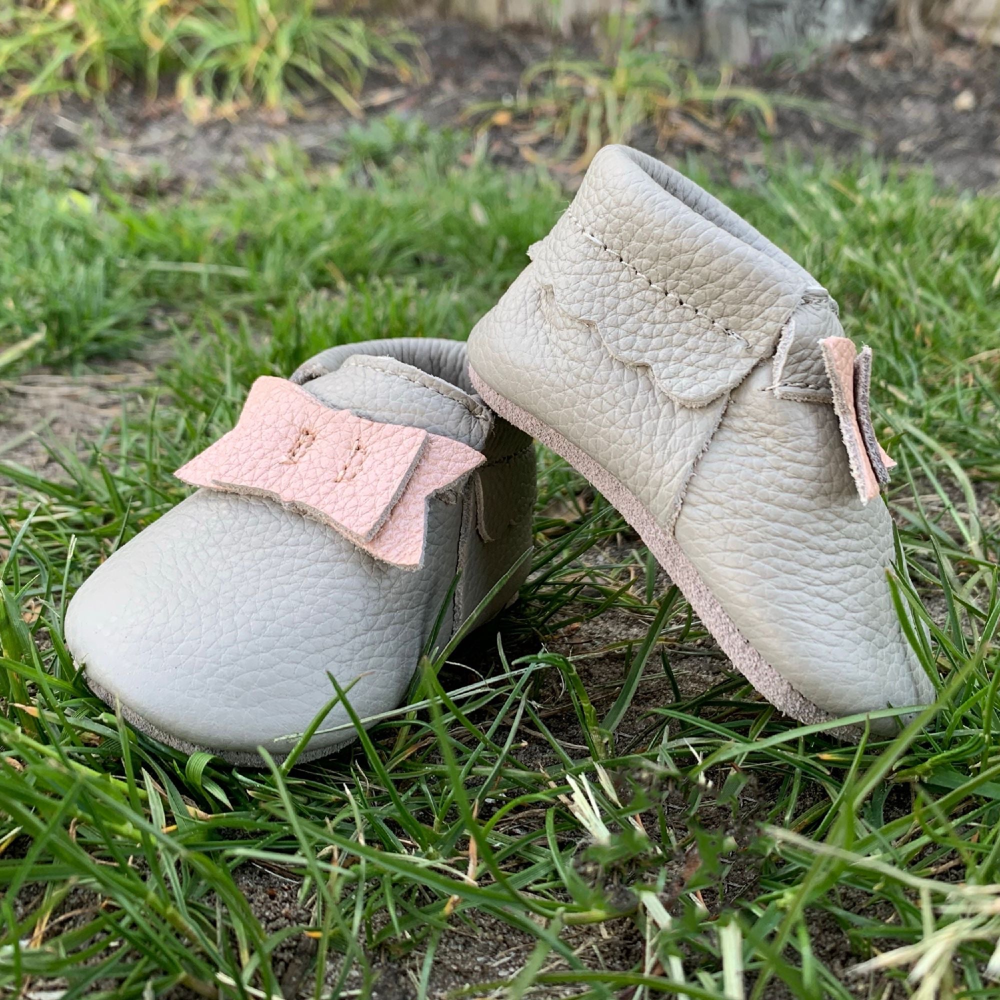 Baby Girl Moccasins, Rose Gold and Grey Leather Baby Shoes, 0-3 Months, Infant Moccs