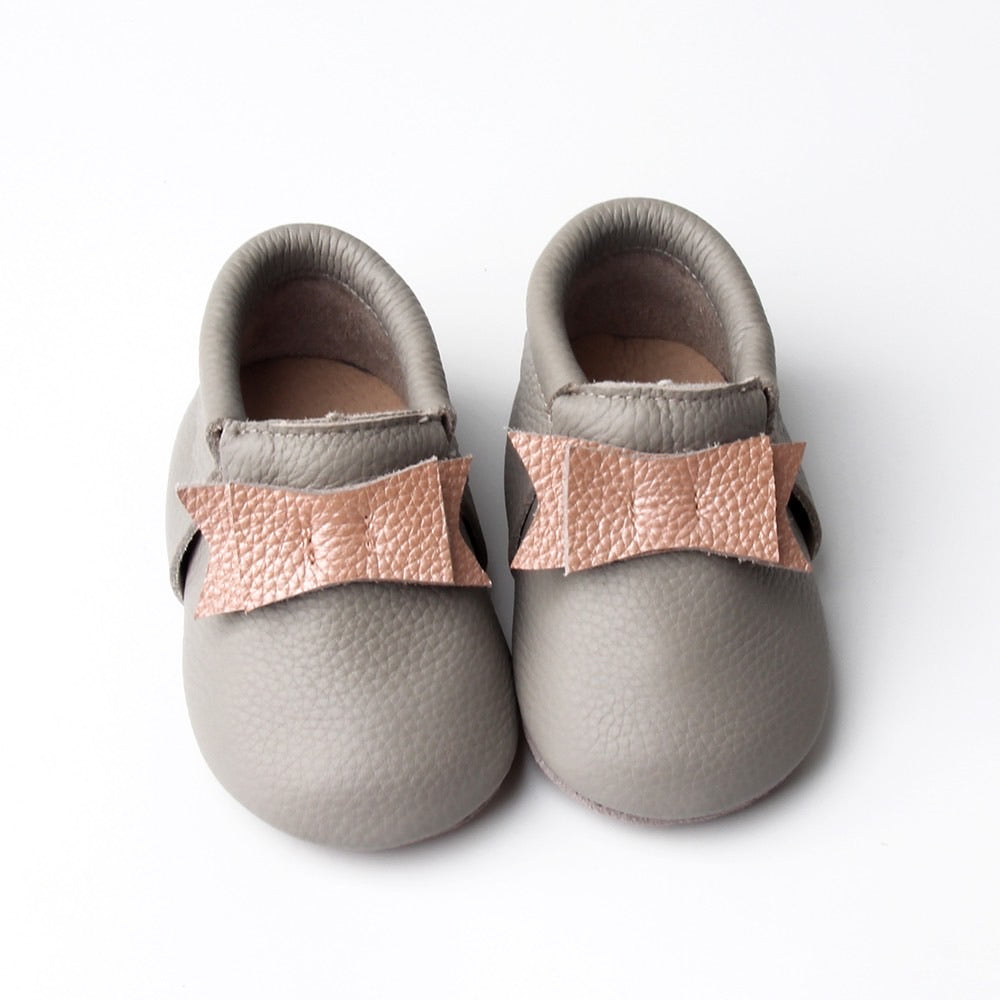 Baby Girl Moccasins, Rose Gold and Grey Leather Baby Shoes, 0-3 Months, Infant Moccs