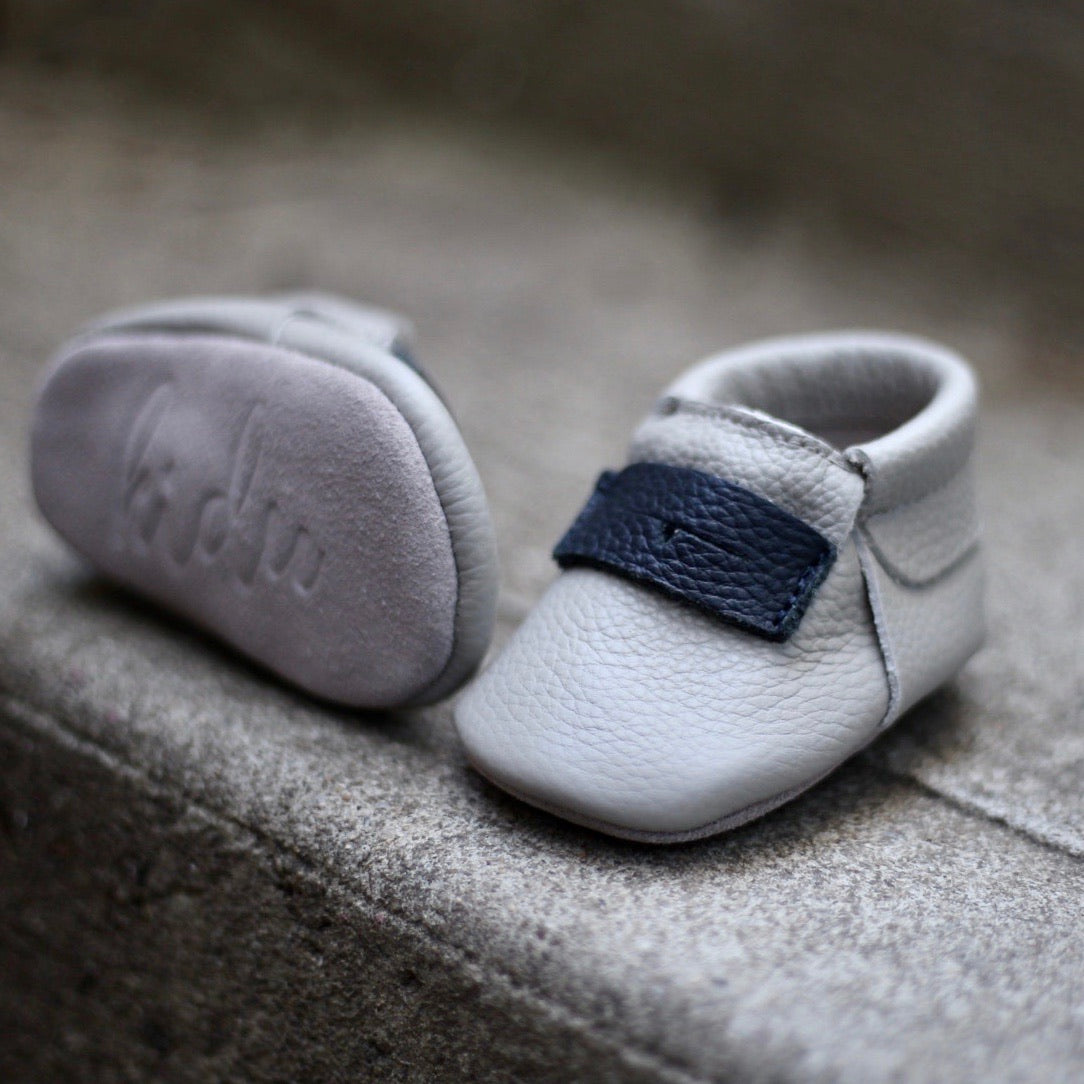 Baby Boy Moccasins, Blue and Grey Leather Baby Shoes, 0-3 Months, Infant Moccs